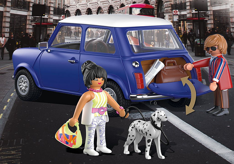 Playmobil Mini Cooper toy featuring classic British design, removable roof, four figures, and a friendly Dalmatian.