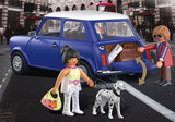 Playmobil Mini Cooper toy featuring classic British design, removable roof, four figures, and a friendly Dalmatian.