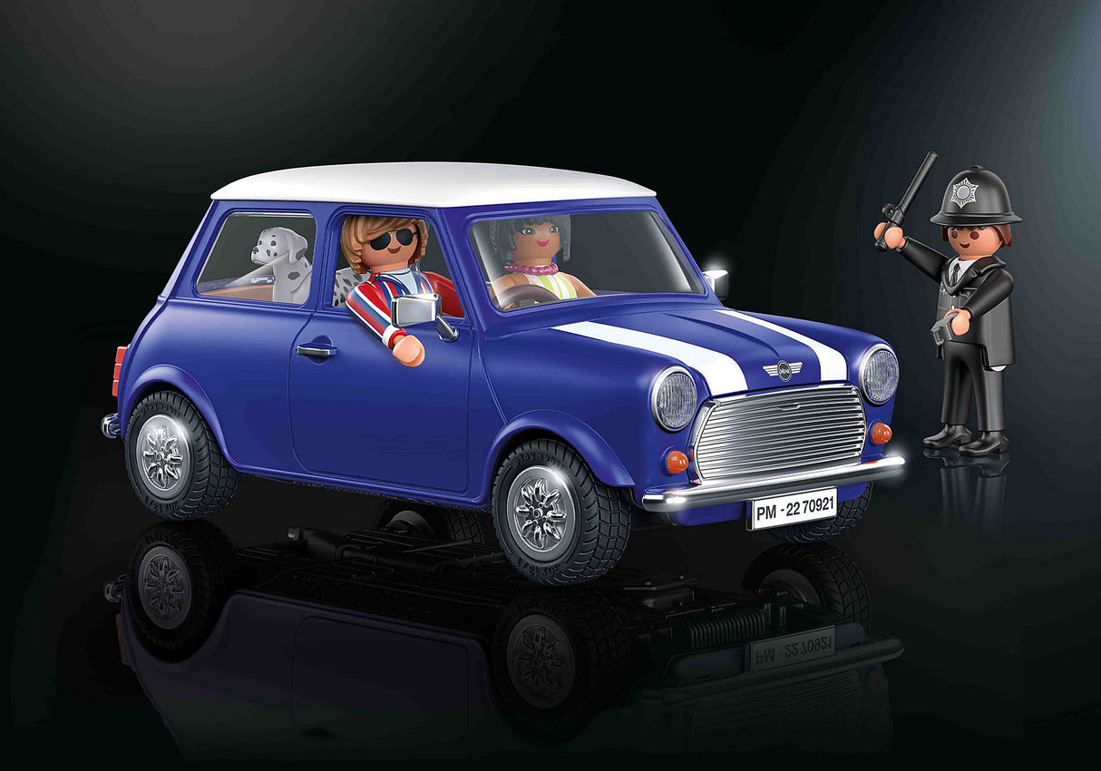 Playmobil Mini Cooper model featuring classic British design, 70s figures, a Dalmatian, and a removable roof for imaginative play.