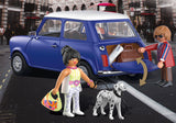 Playmobil Mini Cooper with figures in 70s outfits, Dalmatian, and English policeman; a charming collectible and playful toy.