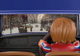 Playmobil Mini Cooper model featuring vibrant 70s figures, a friendly Dalmatian, and classic British design elements.