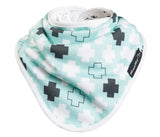 Bamboo Bandana Bib in mint green with crosses pattern, featuring triple-layer design for drooling toddlers, reversible and eco-friendly.