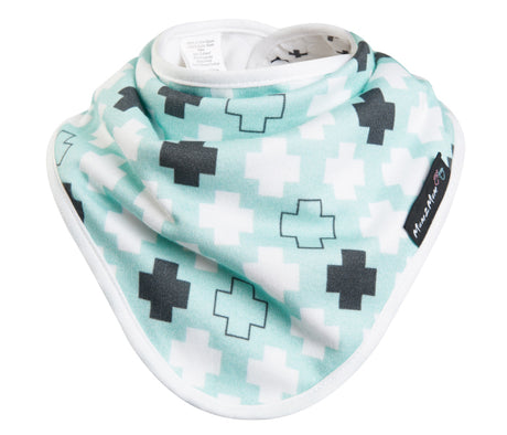 Bamboo Bandana Bib in mint green with crosses pattern, featuring triple-layer design for drooling toddlers, reversible and eco-friendly.
