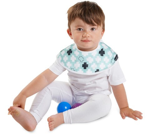 Reversible mint bamboo collar bib with crosses pattern, offering 360-degree coverage and waterproof protection for mealtime.