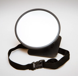 Brightly-colored shatter-proof backseat car mirror for safely monitoring rear-facing babies while driving.