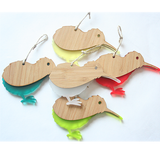 Kiwi Ornament in lime, crafted from bamboo and satin acrylic, featuring intricate details for festive decor.