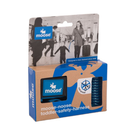 Blue MooseNoose Cutproof Toddler Safety Harness with double-velcro, 1-meter stretch, and 360-degree no tangle design.