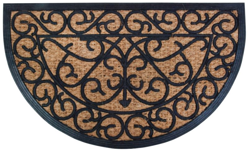 Rubber and coir half round doormat (45 x 75 cm) featuring a classic Victorian design for effective dirt trapping and stylish entryways.