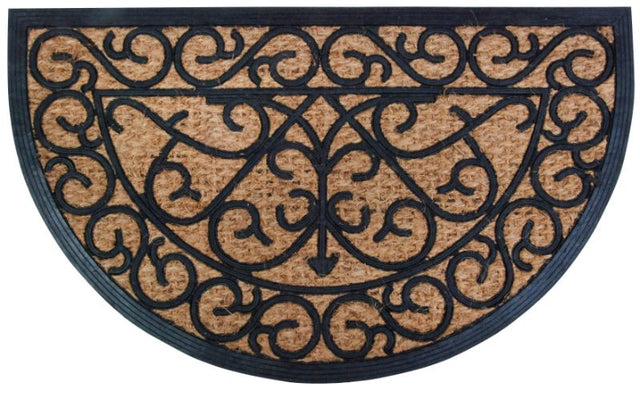 Rubber and coir half round doormat (45 x 75 cm) featuring a classic Victorian design for effective dirt trapping and stylish entryways.