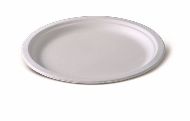 Eco-friendly 10" sugarcane plates, 50 units, biodegradable and sturdy for hot or cold foods, perfect for catering and events.