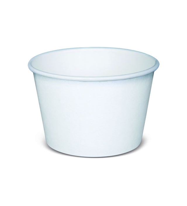 Set of 50 versatile 236ML white ice cream bowls, suitable for hot or cold foods, featuring a durable poly-lined design.