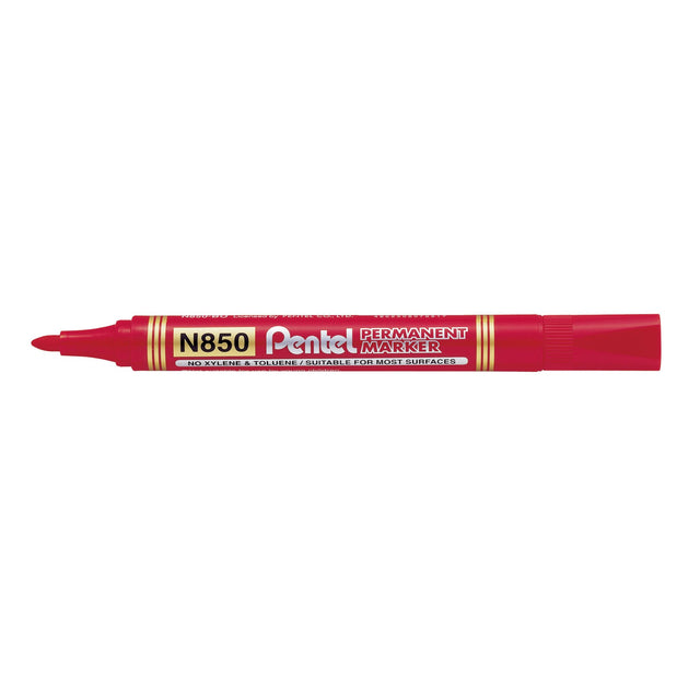 12-pack of PENTEL red permanent markers with a 1.5mm bullet nib, ideal for vibrant, lasting markings on various surfaces.