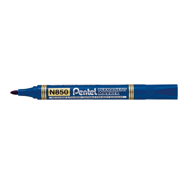 PENTEL permanent marker N850 in blue, 1.5mm bullet nib, 12-pack, ideal for marking on various surfaces, PVC and toluene-free.