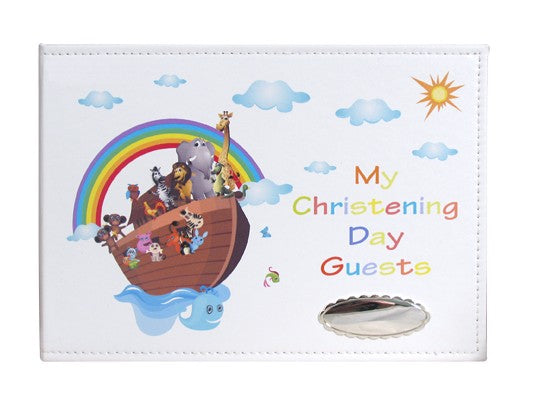 Elegant Christening Day Guest Book with padded hard cover, customizable plaque, and space for heartfelt messages from loved ones.