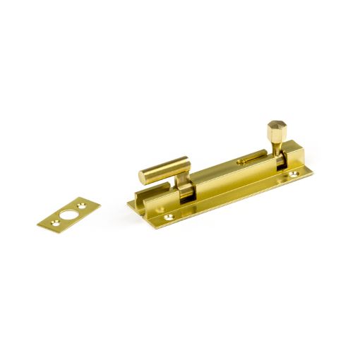 Polished brass 50mm goose-necked socket bolt, 25mm wide, ideal for stylish and durable fastening in various applications.