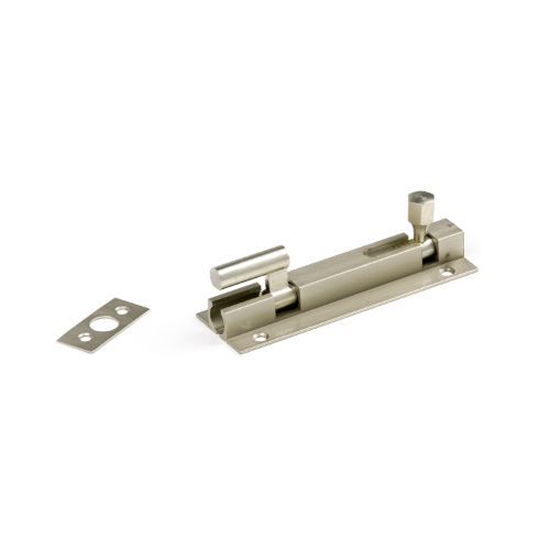 50mm satin nickel plated goose necked socket bolt, 25mm wide, crafted from solid brass for stylish and durable fastening.