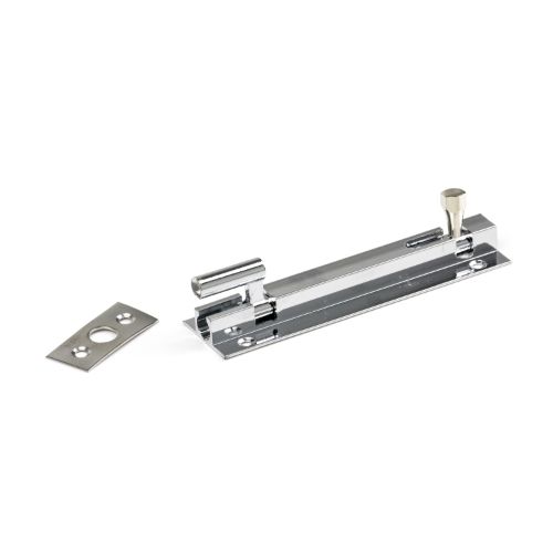 200mm chrome-plated heavy-duty goose necked socket bolt, 32mm wide, solid brass construction for strong fastening.