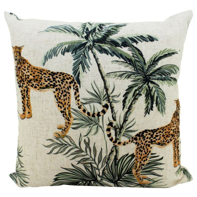 Cheetah Duo Linen Cushion 50x50cm featuring vibrant cheetah print, adding stylish comfort to any living space.