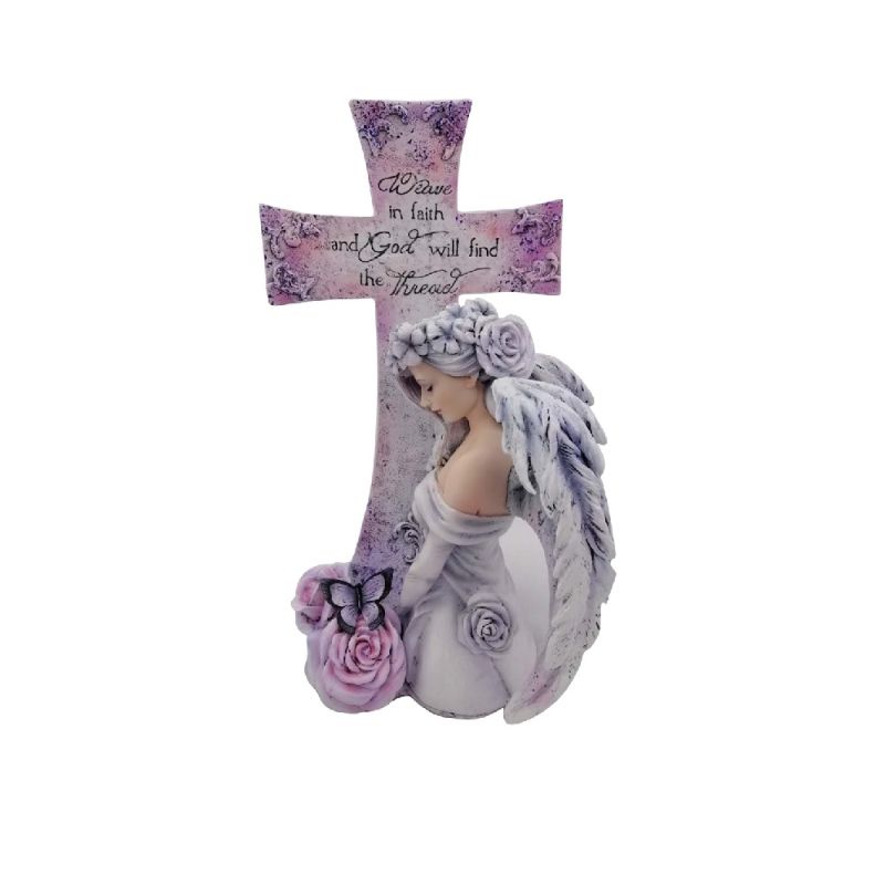 Hand-painted figurine by Jessica Galbraith, featuring butterflies, flowers, and the quote "Weave in faith and God will find the thread."