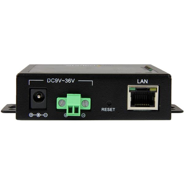 2-Port Serial-to-IP Ethernet Device Server in durable metal, facilitating remote management of RS232 devices with backup power.