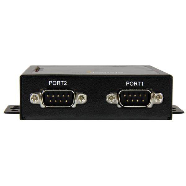 2-Port Serial-to-IP Ethernet Device Server in rugged metal housing, enabling remote management of RS232 devices with backup power.