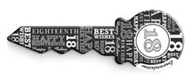 Elegantly designed grey key symbolizing the transition to adulthood, perfect for 18th birthday celebrations.