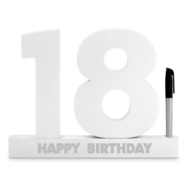 Elegant white 18th birthday sign for guests to leave heartfelt messages, featuring a designated signature block and black marker.