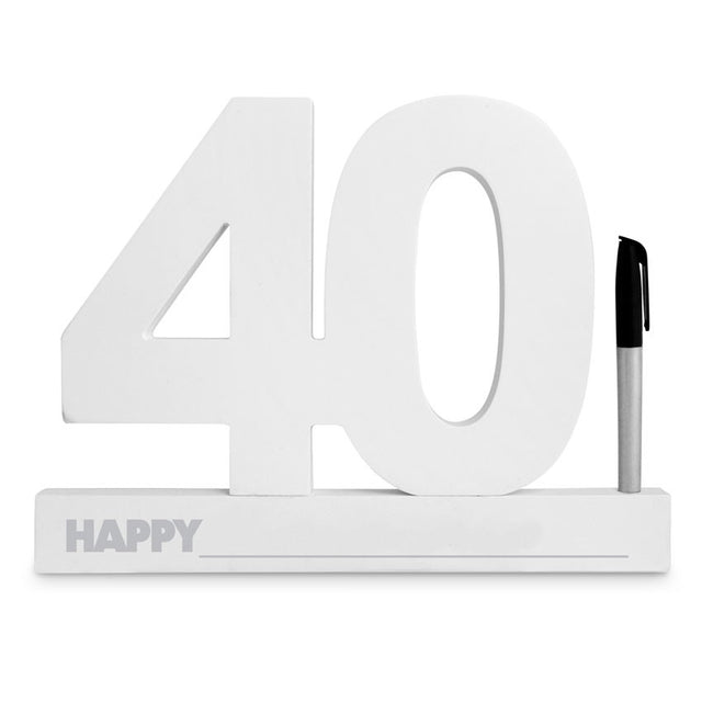 Elegant white 40th birthday signature sign for guest messages, with a black marker included for heartfelt notes.