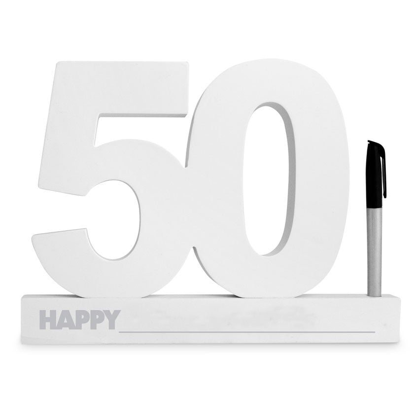 50th birthday sign in white for guests to leave messages; includes black marker for easy signing and lasting memories.