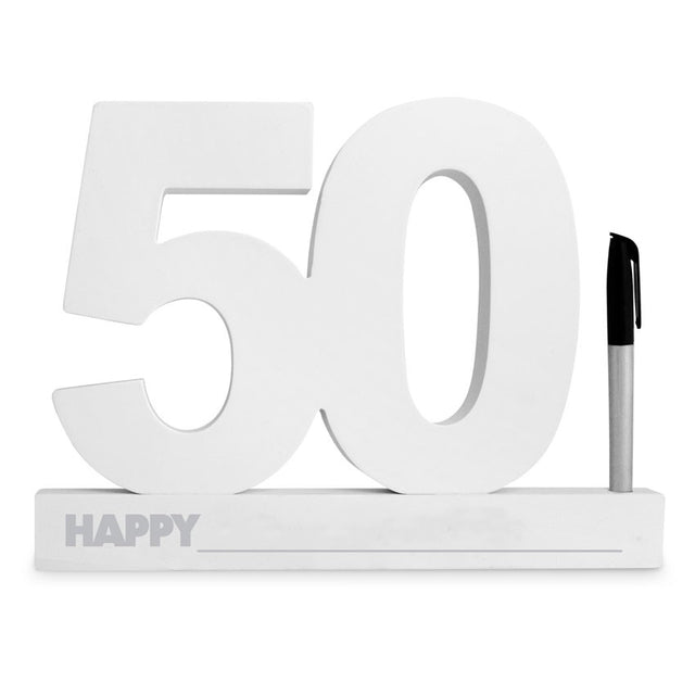 50th birthday sign in white for guests to leave messages; includes black marker for easy signing and lasting memories.