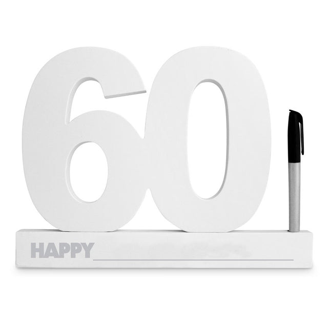 Elegant white 60th birthday sign for guests to leave messages, includes a black marker for heartfelt notes and memories.