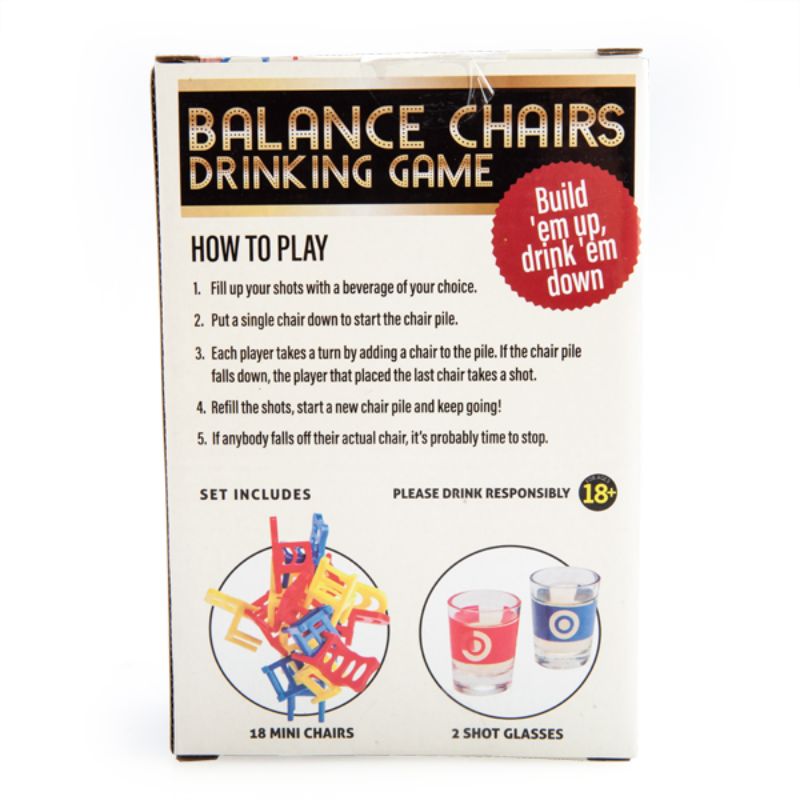 Colorful mini chairs and shot glasses perfect for a lively balancing drinking game at parties or gatherings.