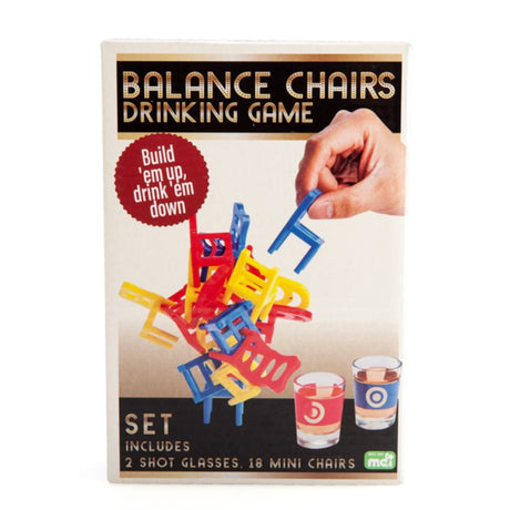 Colorful mini chairs and shot glasses for a fun balancing drinking game, perfect for parties and gatherings.