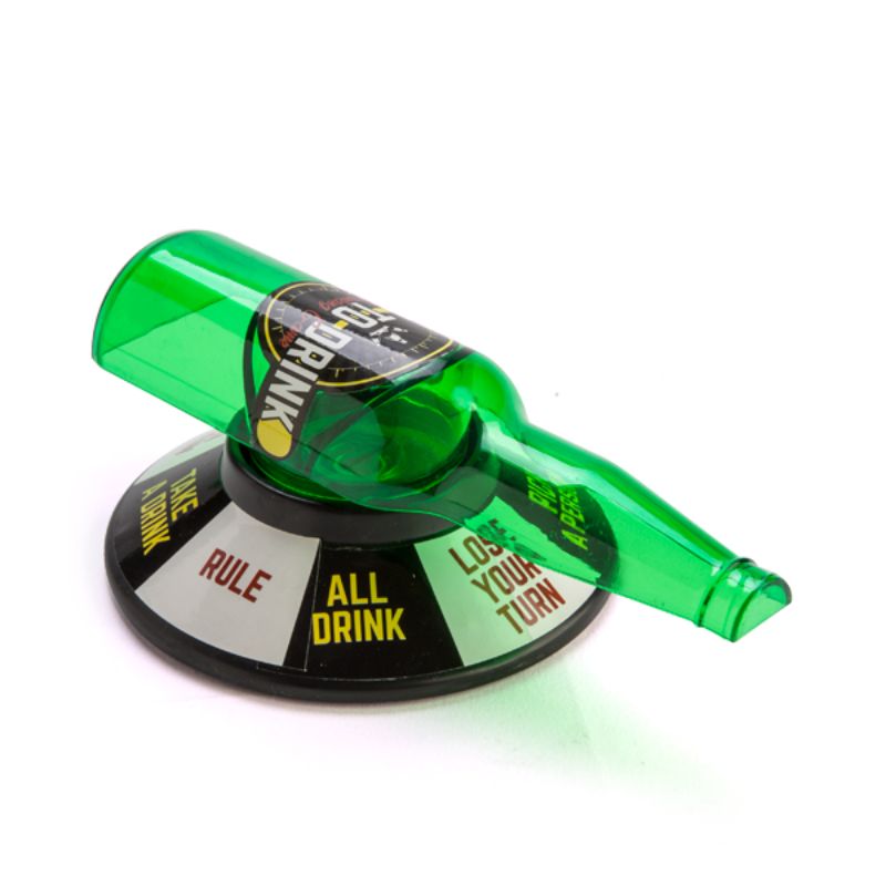 Vibrant green bottle spinner for the ultimate drinking game experience, featuring 8 fun outcomes for lively parties.