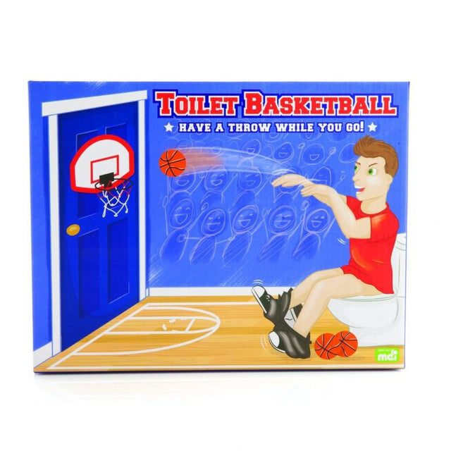 Toilet Basketball set with suction cup hoop, three mini balls, and 'Do Not Disturb' hanger for bathroom fun.