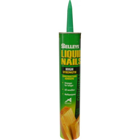 Selleys Liquid Nails Cartridge 375ml, a strong, flexible adhesive for timber, concrete, brick, and plasterboard projects.