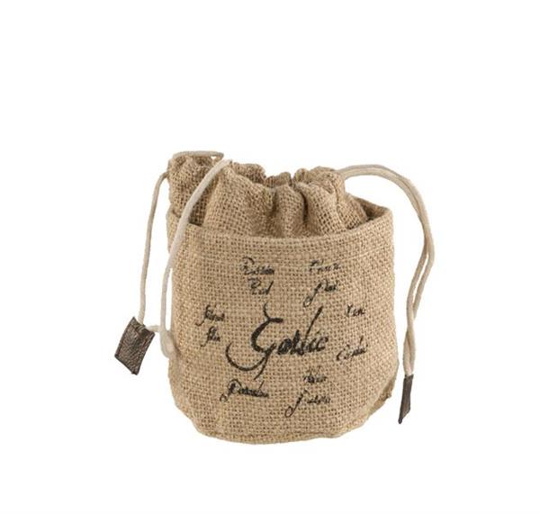 Natural garlic storage bag with drawstring, 10x10cm, featuring garlic varieties printed outside for freshness.