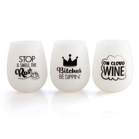 Set of 6 glow-in-the-dark silicone stemless wine cups with playful sayings, perfect for outdoor gatherings and effortless cleanup.