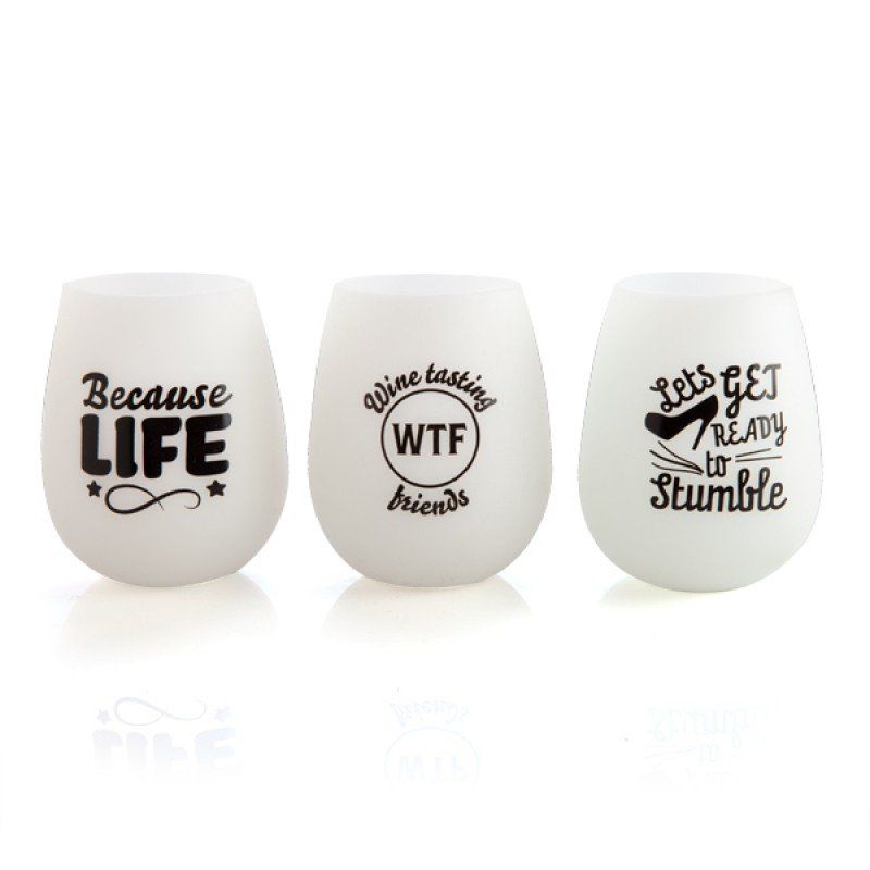 Glow-in-the-dark silicone wine cups set of 6, each with playful sayings, perfect for parties and outdoor fun.