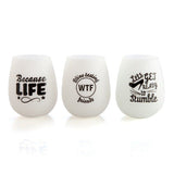 Glow-in-the-dark silicone wine cups set of 6, each with playful sayings, perfect for parties and outdoor fun.