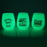 Glow-in-the-dark silicone wine cups set of 6, featuring playful sayings and shatter-proof design for fun gatherings.