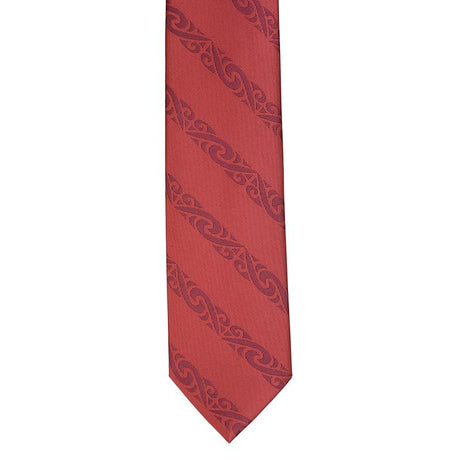 Maroon Maori Neck Tie featuring a Kowhaiwhai pattern, 147cm long, perfect for elegant occasions and office wear.