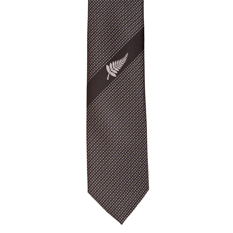 Silver Fern Design Neck Tie featuring a unique fern pattern on a navy, grey, and silver background, perfect for Kiwi pride.