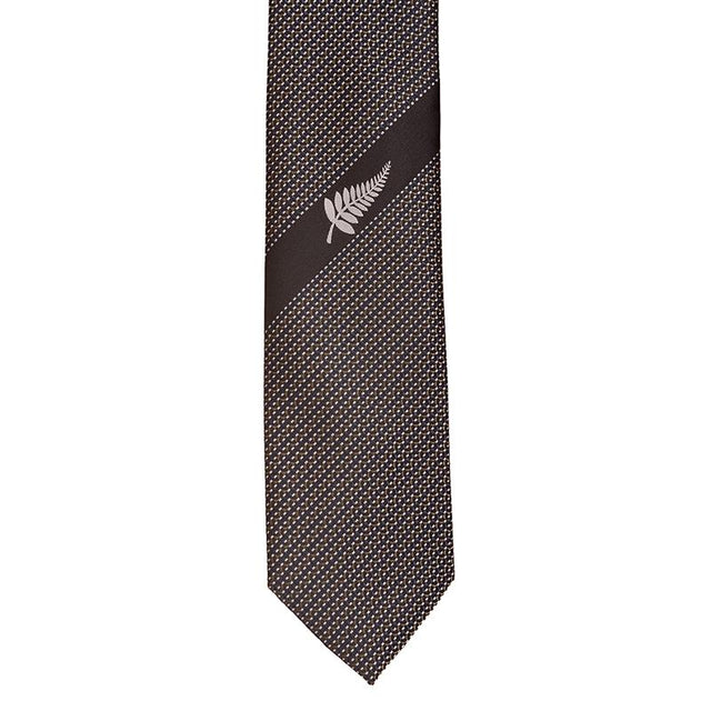 Silver Fern Design Neck Tie featuring a unique fern pattern on a navy, grey, and silver background, perfect for Kiwi pride.