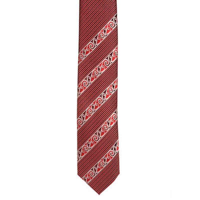 Red Maori Necktie featuring Kowhaiwhai patterns in silver and burgundy on a vibrant red background, perfect for formal wear.