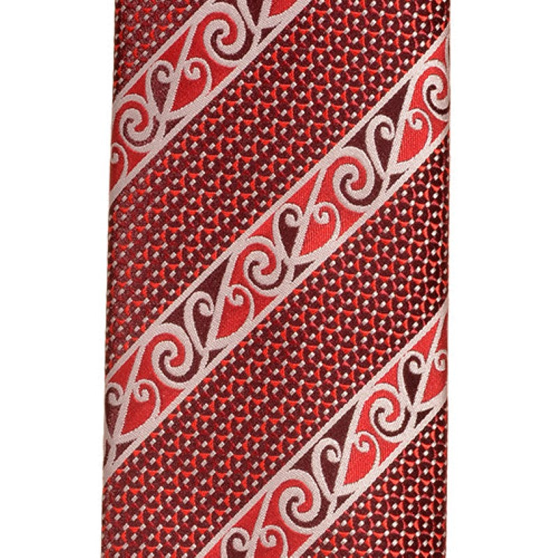 Vibrant red necktie with intricate Kowhaiwhai pattern in silver and burgundy, ideal for formal occasions and office wear.