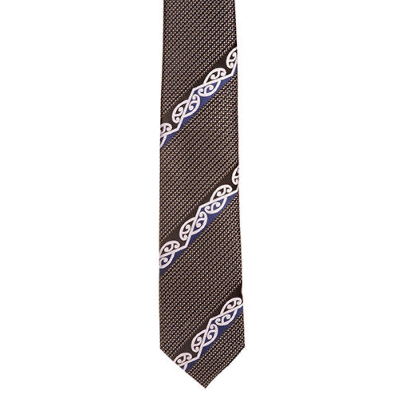 Grey Maori necktie featuring intricate Kowhaiwhai patterns in silver and royal blue on a sophisticated black background.