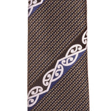 Grey Maori necktie featuring intricate Kowhaiwhai patterns in silver and royal blue on a black background, 147cm long.