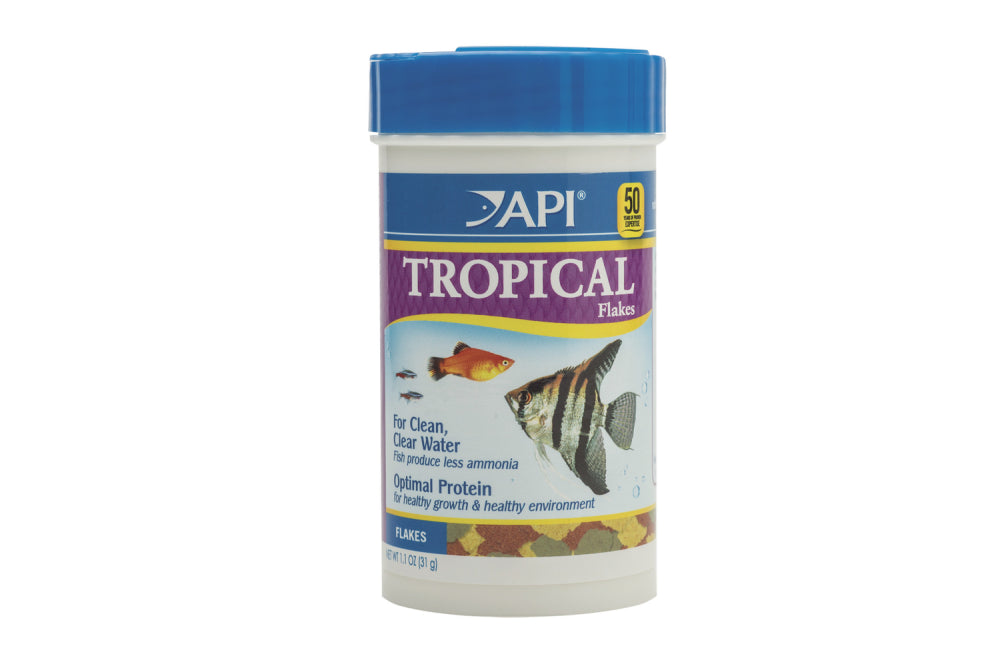 API Tropical Flakes 31g - premium fish food for vibrant, healthy tropical fish; reduces ammonia for cleaner water.