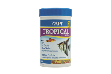 API Tropical Flakes 162g fish food with Menhaden and squid for vibrant colors and optimal growth in tropical fish.